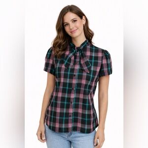 Vintage 80s Plaid Bow Blouse Sunny Shores USA Secretary Tie Neck Puff Sleeve Top